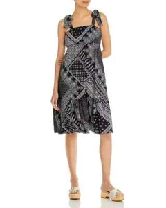 Aqua Bandana Print Blouson Midi Sundress Women's S Black/White Shoulder Tie NWT - Picture 1 of 6