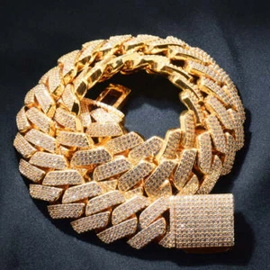 Men's 20mm Iced Out Prong Cuban Chain 3 Row, 18K Gold, Hip Hop Jewelry - Picture 1 of 9
