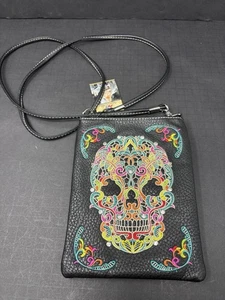 American Bling Umhängetasche Sugar Skull schwarz Kunstleder Handytasche neu mit Etikett - Bild 1 von 9