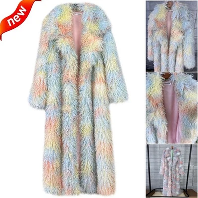 Long 3-Color Mixed Women Faux Fur Curly Coat Winter Warm Fluffy Lapel Outwear UK - Image 1 of 4