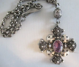 RUNWAY 800 STERLING JERUSALEM CROSS PENDANT NECKLACE, PEND 3.5", 93 GR, AMETHYST - Picture 1 of 13