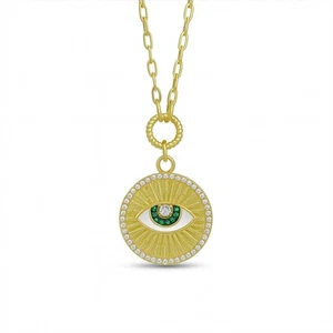 14k Gold Evil Eye Necklace Emerald Diamond Protection Medallion Paperclip Chain - Picture 1 of 5