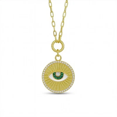 14k Gold Evil Eye Necklace Emerald Diamond Protection Medallion Paperclip Chain - Image 1 of 4