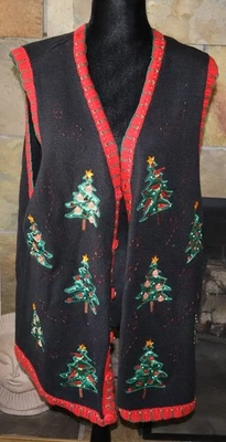 复古针织圣诞树假日毛衣背心女式 2X 基本版 — 第 1/4 张图片