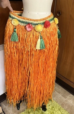 Raffia Hawaiian Grass HULA SKIRT Sz M L  31" Luau Party Costume Halloween orange - Image 1 of 4