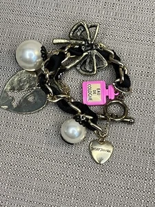 Betsey Johnson Paris Toggle Charm Bracelet Heart Pearl Black Ribbon~OLDER STYLE - Picture 1 of 5