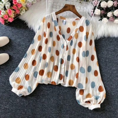Lady Puff Sleeve Cardigan Polka Dots Coat Jacket Pleated Loose Casual Tops Basic - Image 1 of 4