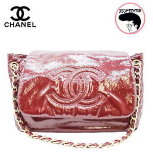 Used Chanel Chain Shoulder Bag Patent Red Enamel Cc