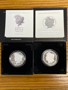 2023 S PROOF PEACE AND MORGAN SILVER DOLLAR SET 2 MONETE - GEM MINT - Foto 1 di 3