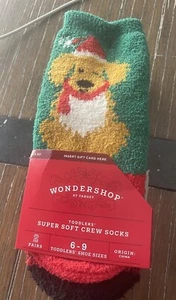 Wondershop At Target Toddlers GRIP Soft Crew Socks Santa Dog Red GRN 2 Pack 6-9 - Picture 1 of 3