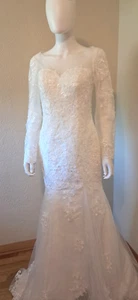 Vintage Wedding Dress Long Sleeve Mermaid Short Train Lace Size 8 - Picture 1 of 11