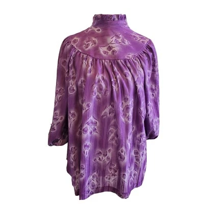 Vintage 70s Womens Size Medium Purple Blouse Floral Flowy Ruffle Neckline Tulips - Image 1 of 4