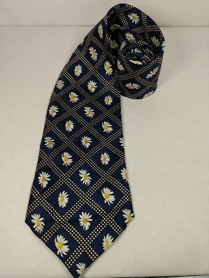 RICHEL 真丝领带 手工制作 西班牙蓝色黄色雏菊花卉 4"Wx57" 宽领带 全新带标签 — 第 1/4 张图片