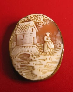 FABULOUS VINTAGE CARVED CAMEO LOVELY LADY SERENE RIVER BRIDGE HOME BROOCH PIN !! - Picture 1 of 2