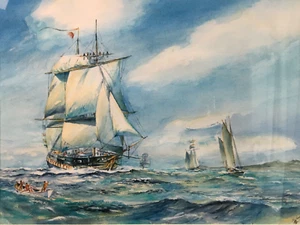 MER Brest MARINE watercolor signed ROUSSEL gouache BRITAIN antique boat μ - Picture 1 of 9