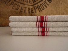 Ancien torchon en Lin, 5 bandes rouges -monogramme BS - fait à la main