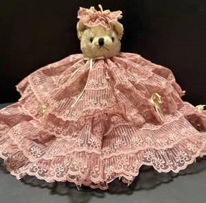 Muñeca de oso de peluche rosa victoriano vestido de encaje animal de peluche de colección - Imagen 1 de 9