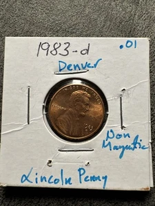 1983-D Lincoln Penny.  Denver Mint Mark. Non Magnetic. Copper. - Picture 1 of 5