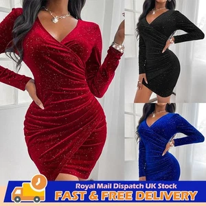 Women Sexy Velvet Glitter Bodycon Ladies V Neck Ruffle Xmas Party Mini Dress - Picture 1 of 18