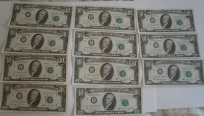 1990 $10 Ten Dollar Bills lot of 11 in sequence Federal Reserve Note Vintage - Image 1 of 2