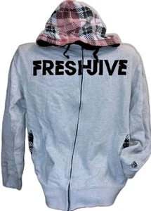 VTG Freshjive Zip Hoodie XL Grey w/Red Plaid*Hole Near Pocket - Picture 1 of 9