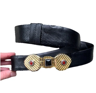 Cinturón de piel de serpiente Judith Leiber de colección negro con hebilla con joyas OS Foto 1 de 4