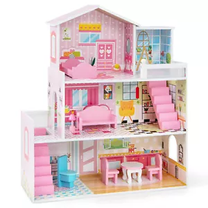 Kids Dollhouse Wooden 3 Storey Larg Pretend Dolls House w/5 Simulated Rooms - Picture 1 of 10