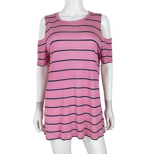Michael Kors XL Blouse Top Cold Shoulder Short Sleeve Pink Striped Shirt - Picture 1 of 8