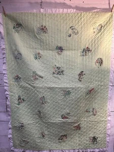 VTG Hand Done Crewel Alphabet Baby Quilt. 43” X 58” Lt Green Wall Hanging - Picture 1 of 19