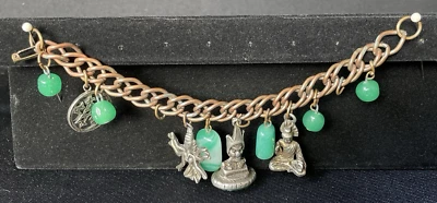 Pulsera vintage con dije de vidrio de Pekín verde ~ cobre y metal en maceta ~ YGF Foto 1 de 4