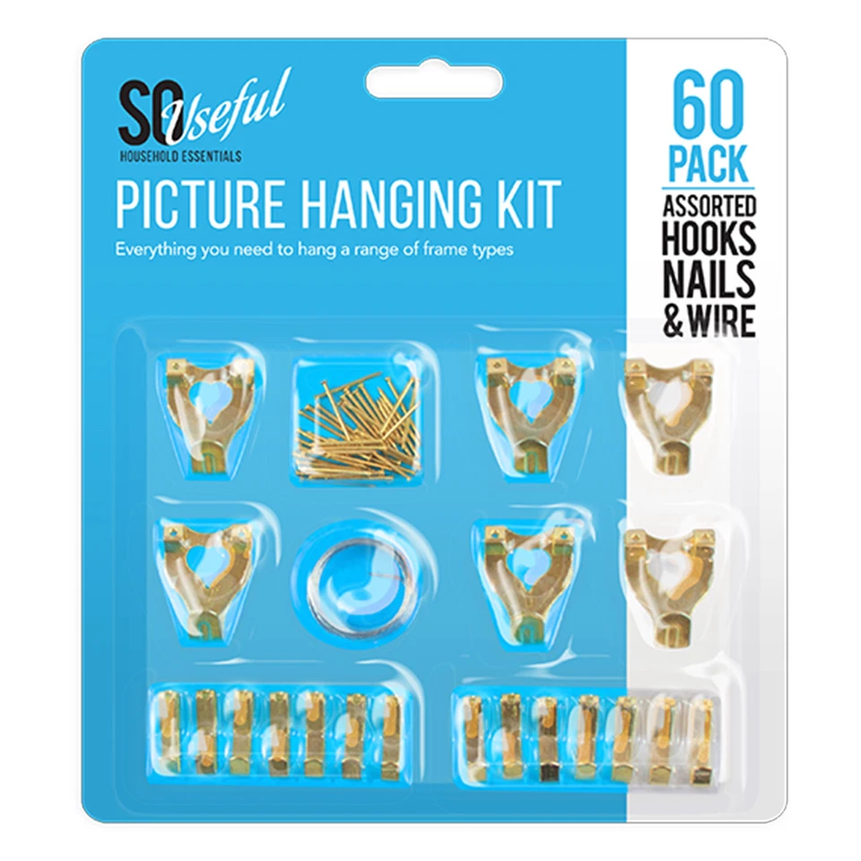 60 Pack Picture Hanging Kit Hooks & Nails Set Single Double Picture Frame Wire - Image 1 of 1