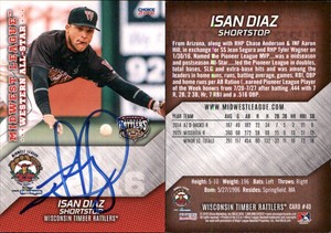 Isan Diaz Signed 2016 Choice Midwest League All-Star #40 Card Auto AU