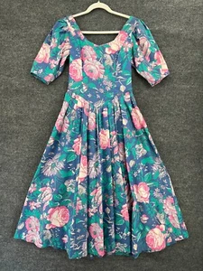 Vintage Laura Ashley 80s Dress Womens 8 Floral Bird Print Bustle Puff Sleeve Tea - Picture 1 of 16
