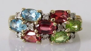 Gold Diamond Ring - 9ct Gold Topaz Garnet Peridot Diamond Dress Ring Size M 1/2 - Picture 1 of 19