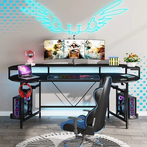 LED Gaming Desk with Monitor Shelf,PC Computer Desk Gaming Table Gamer - Picture 1 of 9