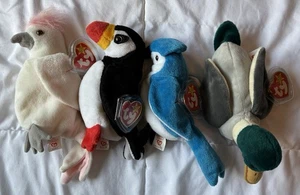 Lot of 4 Plush TY Beanie Babies Animals Birds Puffer,Exotic, Bluejay, Duck - Picture 1 of 9
