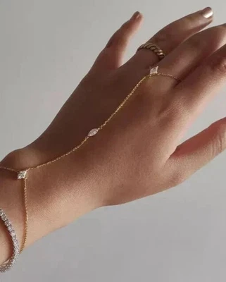 1Ct Marquise Lab-Created Prong Set Hand Chain Bracelet 7” 14K Yellow Gold Plated - Image 1 of 4