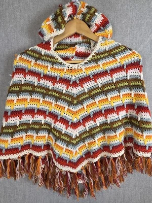 Poncho GAP KIDS Niñas 8 Vintage 2004 Ganchillo Colorido Flecos Con Capucha Boho Retro Foto 1 de 4