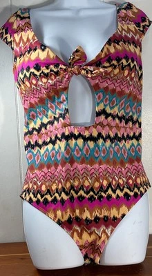 Boden One Piece Swim 10 Pink Yellow Tie Key Hole Boho Lightly Lined Wireless - Image 1 of 4