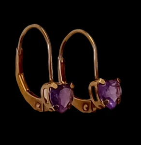Caspian Int. 10k Solid Gold Amethyst Heart Lever Back Earrings .57" Long - Picture 1 of 12
