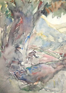 Antique watercolor painting impressionist forest landscape