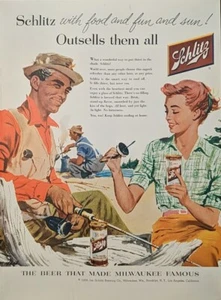 1956 Vintage Schlitz Bieranzeige, Angeln am See Mann & Frau - Bild 1 von 1