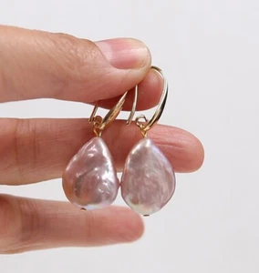 Natural 15x20mm Purple Cultured Baroque Pearl Earrings 18KGP Ear Drop Hoop ~~P45 - Picture 1 of 8