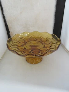 Vintage LE Smith Amber Moon & Star Footed Cake Plate Scalloped Edge 10 inches - Picture 1 of 4