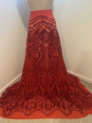 Tela de encaje de malla bordada lentejuelas elásticas rojas de 4 vías 50” de ancho vendido por yarda Foto 1 de 4
