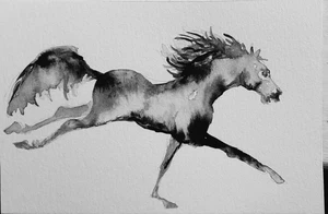 Black Horse running Art watercolor painting signed, stallion, equestrian, 5x7" - Picture 1 of 9