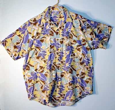 Vintage L.L. Bean Yellow & Blue Hibiscus Flowers Hawaiian Shirt Size Large - Image 1 of 4