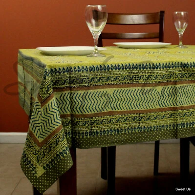 Cotton Block Print Geometric Tablecloth Rectangle Gold 70x106 Dining Kitchen - Image 1 of 3