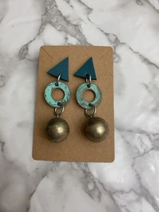 Vintage Handmade Silver/Copper Teal Triangle Beaded Dangle Earrings 2.5” 1980’s - Picture 1 of 3