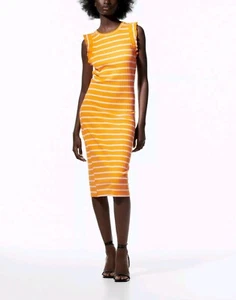 Zara Ruffled Rib Dress Size S NWT Striped Orange White - Picture 1 of 7